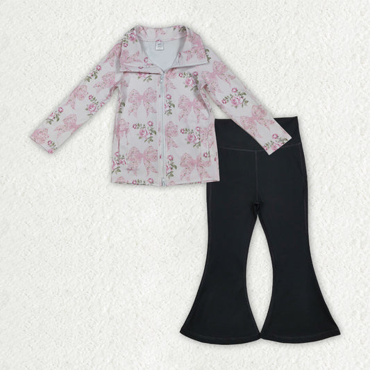 GLP2968 Baby girls pink flower bow zipper top black long pant outfits yoga