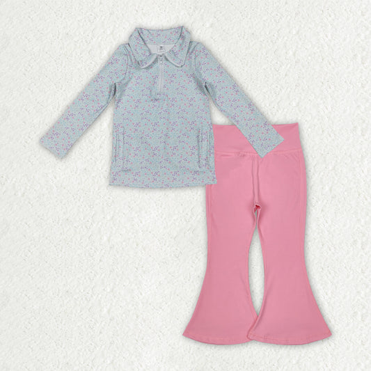 GLP2970 Baby girls blue zipper top pink long pant outfits yoga