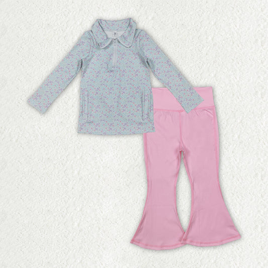 GLP2971 Baby girls blue zipper top pink long pant outfits yoga