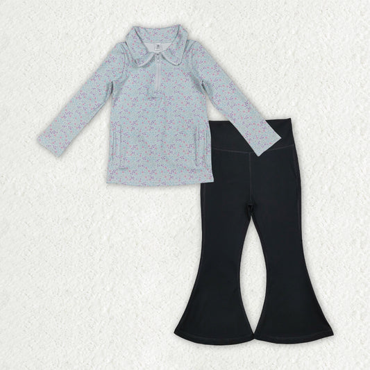 GLP2972 Baby girls blue zipper top black long pant outfits yoga