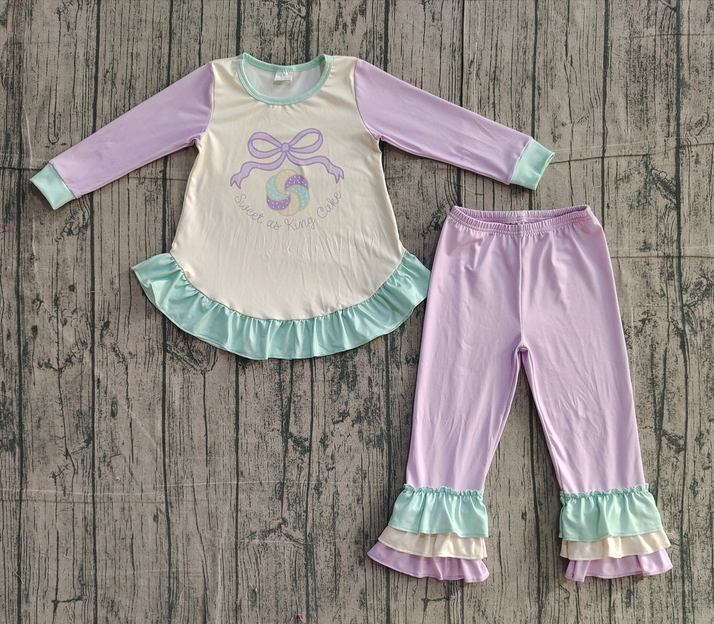 Pre-order GLP2979 baby girls Mardi Gras bow purple long sleeves outfits embroidery