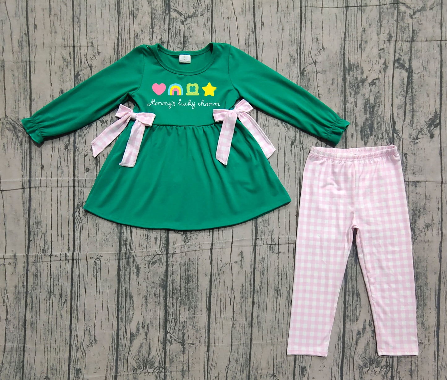 Pre-order GLP3066 baby girls St Patrick's green long sleeves pink checkered outfits embroidery