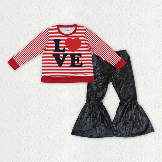 GLP3082 baby girls Valentine LOVE red stripe long Black Velvet Bell Bottom Pants outfits