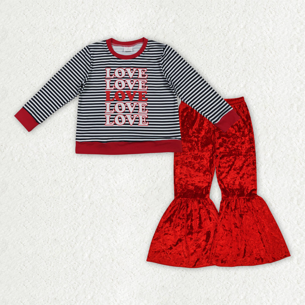 GLP3083 baby girls Valentine LOVE black stripe long red Velvet Bell Bottom Pants outfits