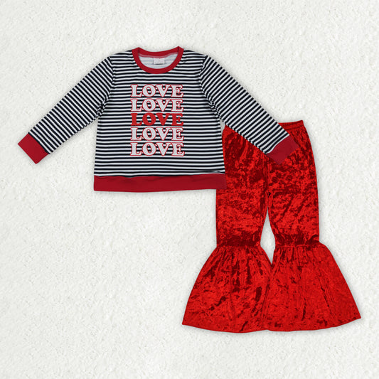 GLP3083 baby girls Valentine LOVE black stripe long red Velvet Bell Bottom Pants outfits