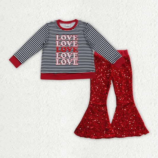 GLP3084 Girls Valentine LOVE black stripe Outfits red Sequined Pants