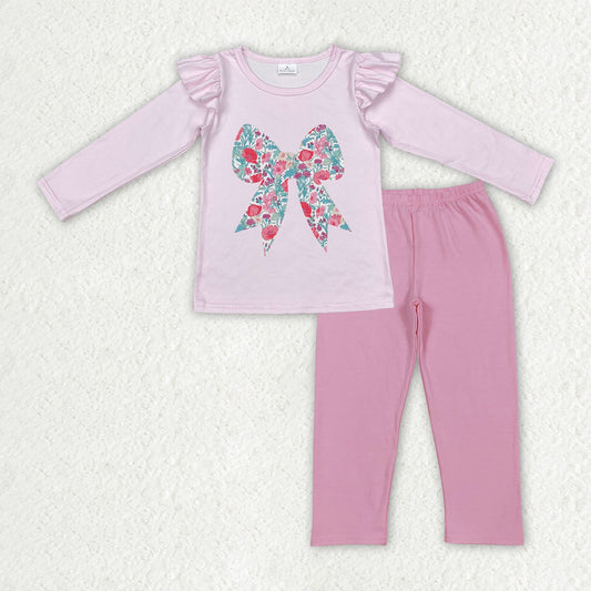 GLP3088 Girls pink flower bow outfits long sleeves
