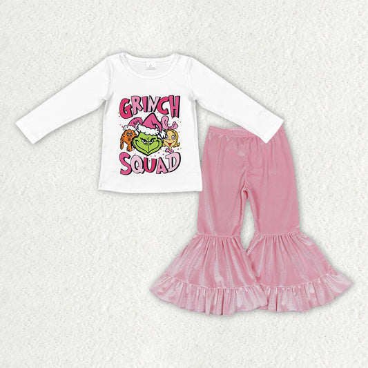GLP3184  toddler girls Christmas cartoon long sleeve pink velvet outfits