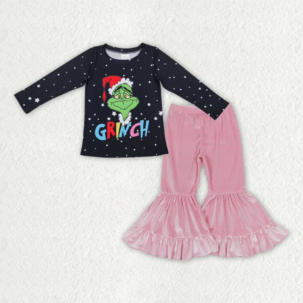 GLP3185  toddler girls Christmas cartoon black long sleeve pink velvet outfits