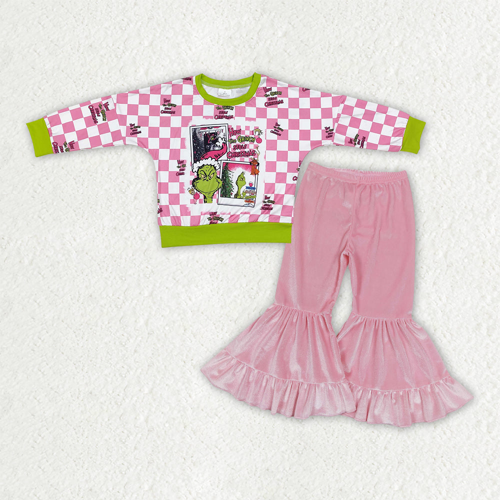 GLP3187  toddler Christmas girls cartoon checkered long sleeve pink velvet outfits