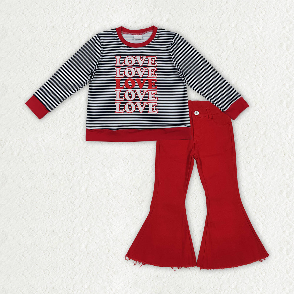 GLP3263 Girls Valentine's LOVE  stripe long sleeve red jeans outfits