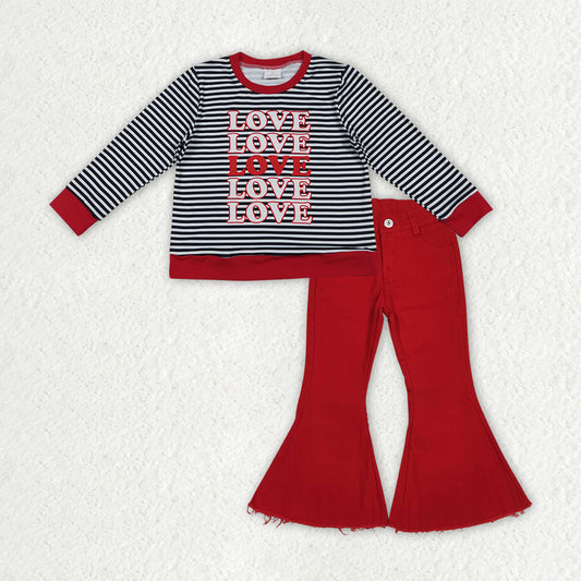 GLP3263 Girls Valentine's LOVE  stripe long sleeve red jeans outfits
