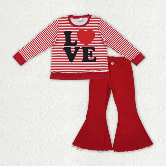 GLP3264 Girls Valentine's LOVE  stripe long sleeve red jeans outfits