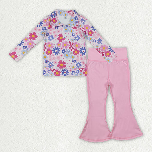 GLD3273 baby girls flower zipper long sleeve pink long pant Outfits yoga
