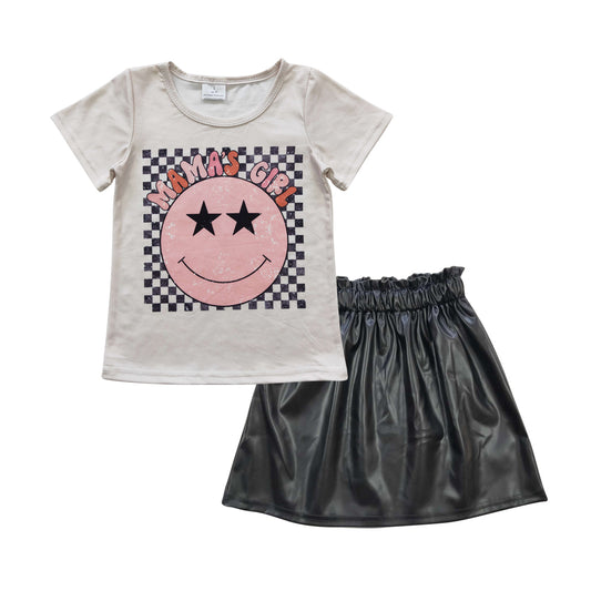 Girls Mama's Girl Outfits Short Sleeves Leather Skirt