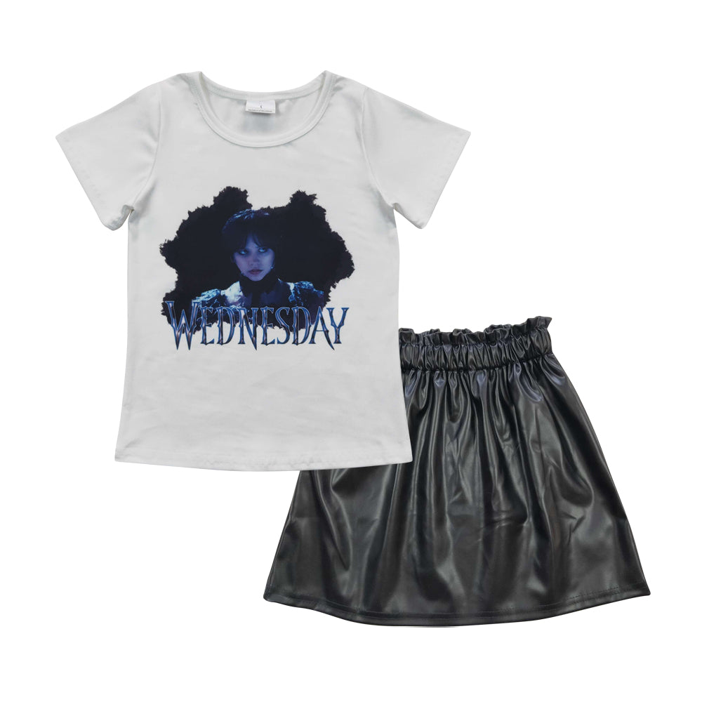 Girls Wednesday Outfits Short Sleeves Leather Skirt