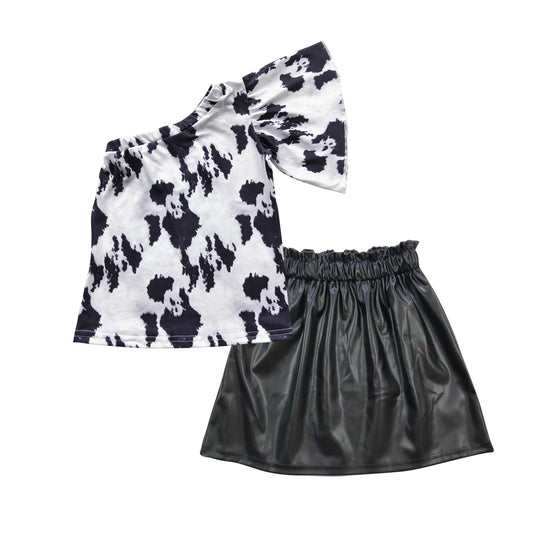 Girls Black Cow Outfits Short Sleeves Leather Skirt