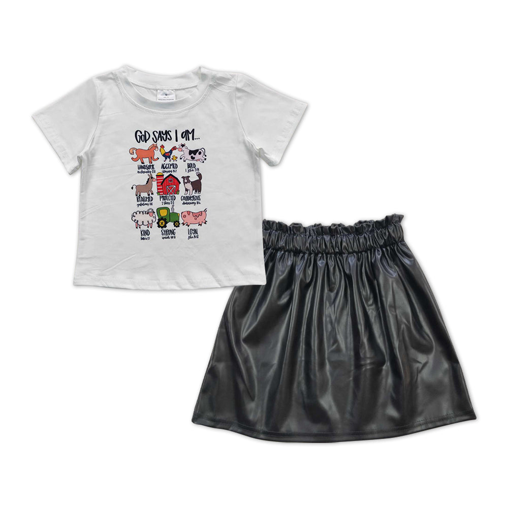 Girls Farm Outfits Short Sleeves Leather Skirt