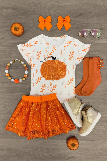 Pre-order GSD1399 short sleeve pumpkin outfits sequin skirt embroidery