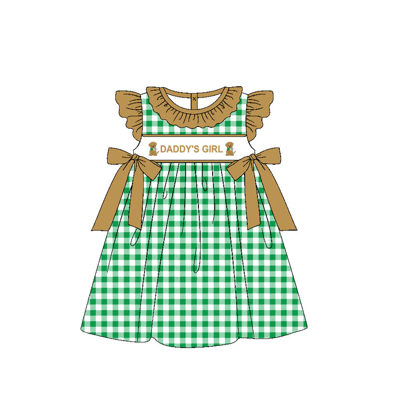 Pre-order GSD1608 baby Girls daddy‘s girl flying sleeve bow green plaid Dress（Deadline Dec.10）