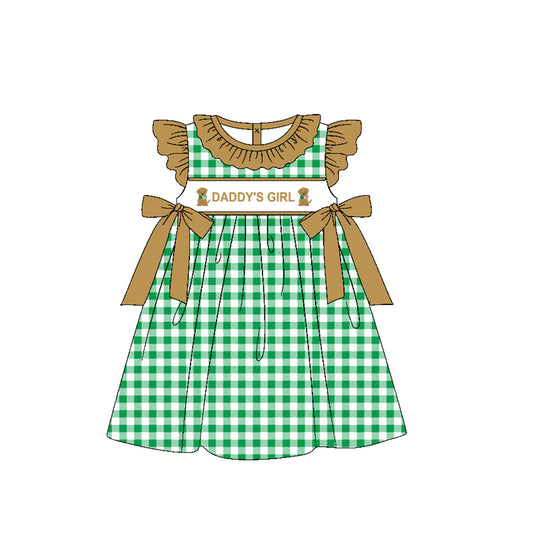 Pre-order GSD1608 baby Girls daddy‘s girl flying sleeve bow green plaid Dress（Deadline Dec.10）