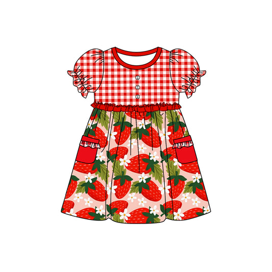 Pre-order GSD1612 baby Girls puff sleeve red plaid  Strawberry Dress（Deadline Dec.11）