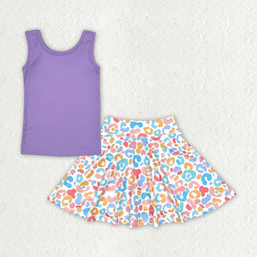 GSD2521 girls purple vest colorful leopard skirt outfits yoga