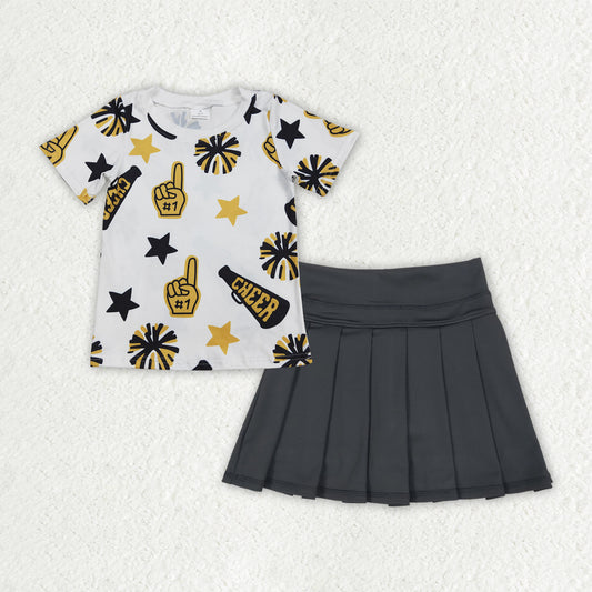 GSD2714 baby girls yellow black CHEER short sleeve  YOGA skirt outfits