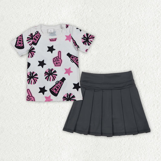 GSD2715 baby girls rose black CHEER short sleeve  YOGA skirt outfits