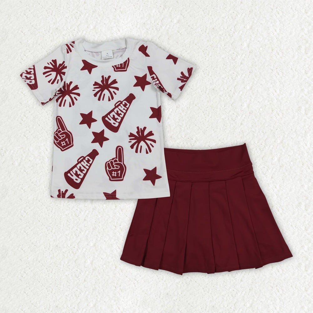GSD2736 girls CHEER wine red short sleeve yoga skirt outfits