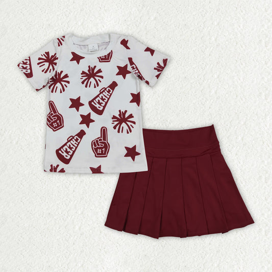 GSD2736 girls CHEER wine red short sleeve yoga skirt outfits