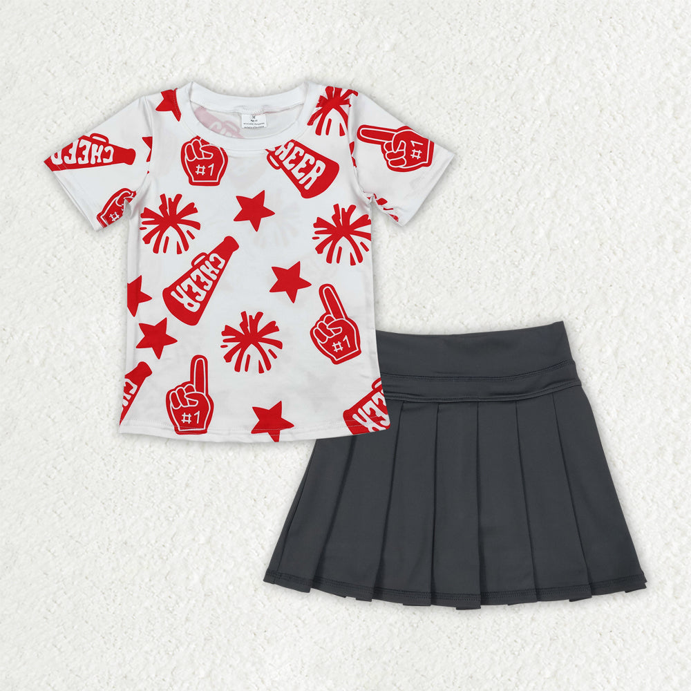 GSD2779 girls CHEER red short sleeve yoga black skirt outfits