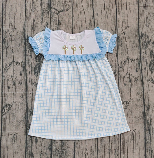 Pre-order GSD2851 Baby Girls Easter short sleeve blue checkered dress embroidery