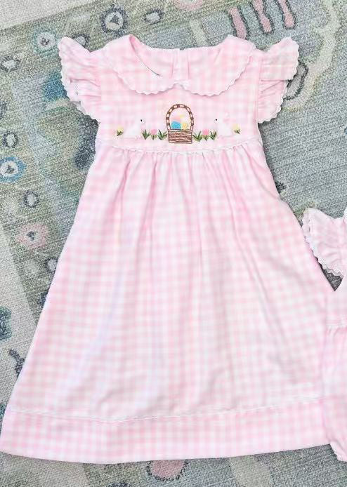 10.13 Pre-order GSD2913 Baby Girls Easter bunny pink checkered flying sleeve dress