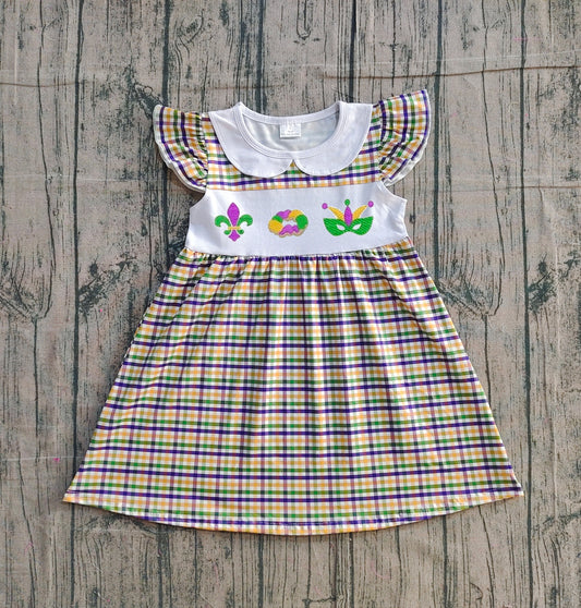 Pre-order GSD2934 Baby Girls Mardi Gras flying sleeve checkered dress embroidery