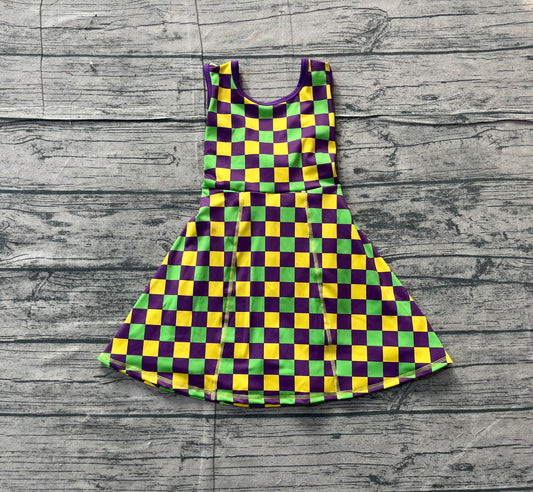 Pre-order GSD2946 girls Mardi Gras checkered sleeveless Dress yoga