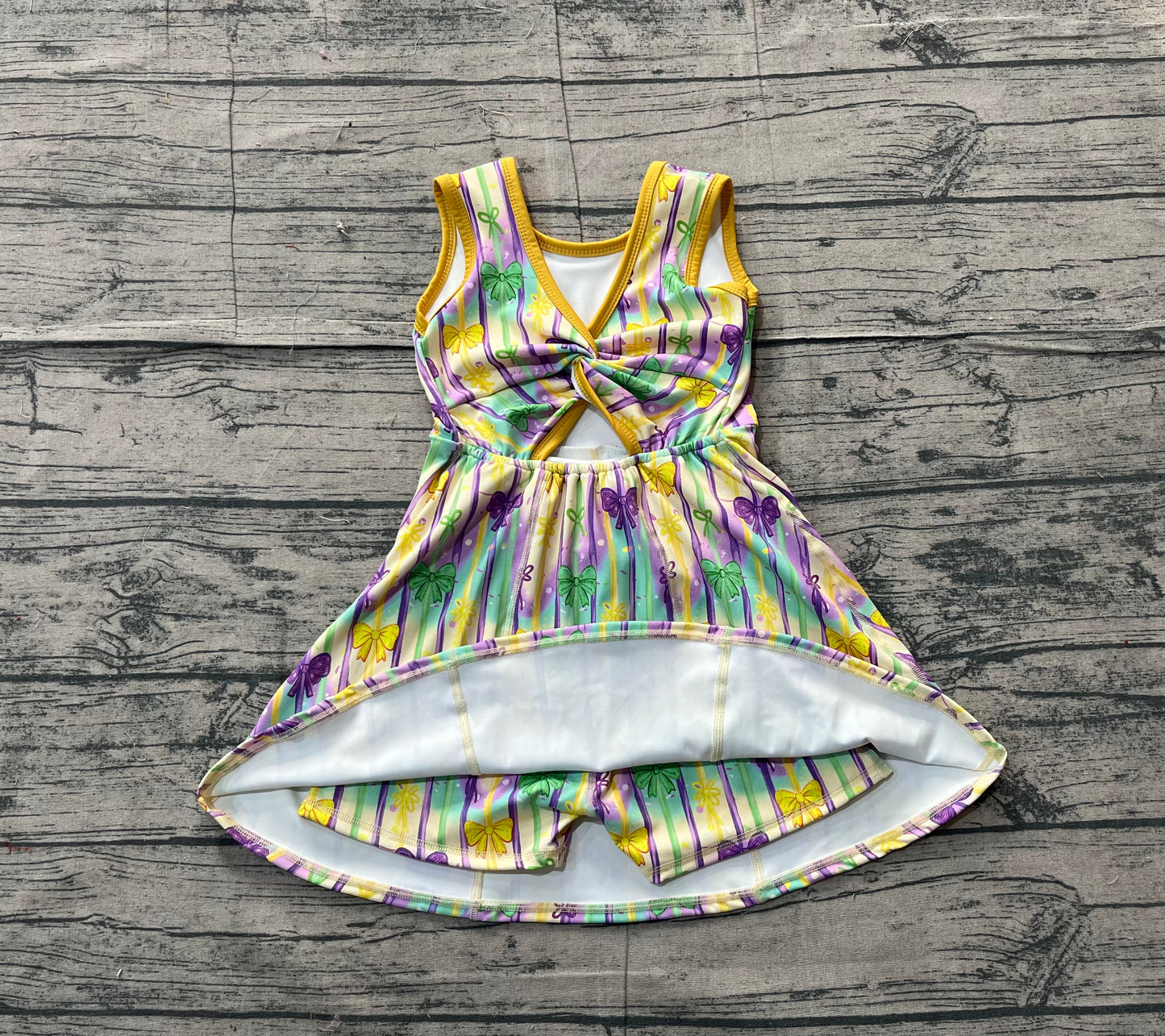 Pre-order GSD2948 girls Mardi Gras bow stripe sleeveless Dress yoga