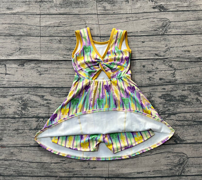 Pre-order GSD2948 girls Mardi Gras bow stripe sleeveless Dress yoga