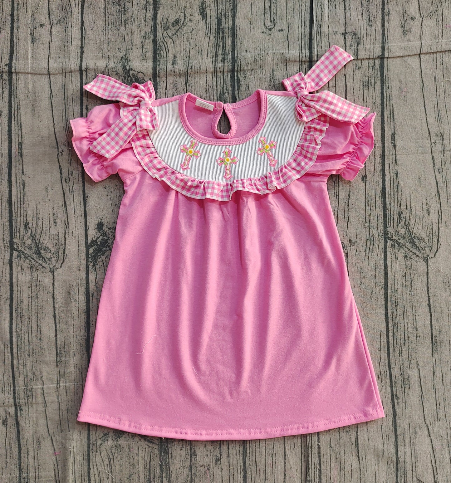 Pre-order GSD3178 Baby girls Easter cross pink bow dress smocked