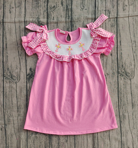 Pre-order GSD3178 Baby girls Easter cross pink bow dress smocked