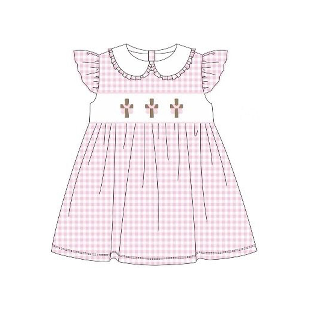12.5 Pre-order GSD3382 Baby girls Easter crossing pink checkered flying sleeve dress