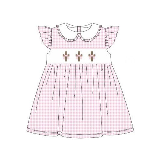 12.5 Pre-order GSD3382 Baby girls Easter crossing pink checkered flying sleeve dress