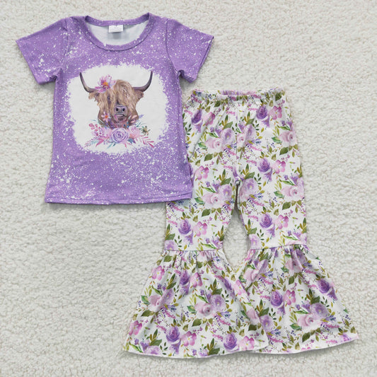 5.5 GSPO0264 Girls Cow purple Outfits Short Sleeves Bell Bottom Floral Pants