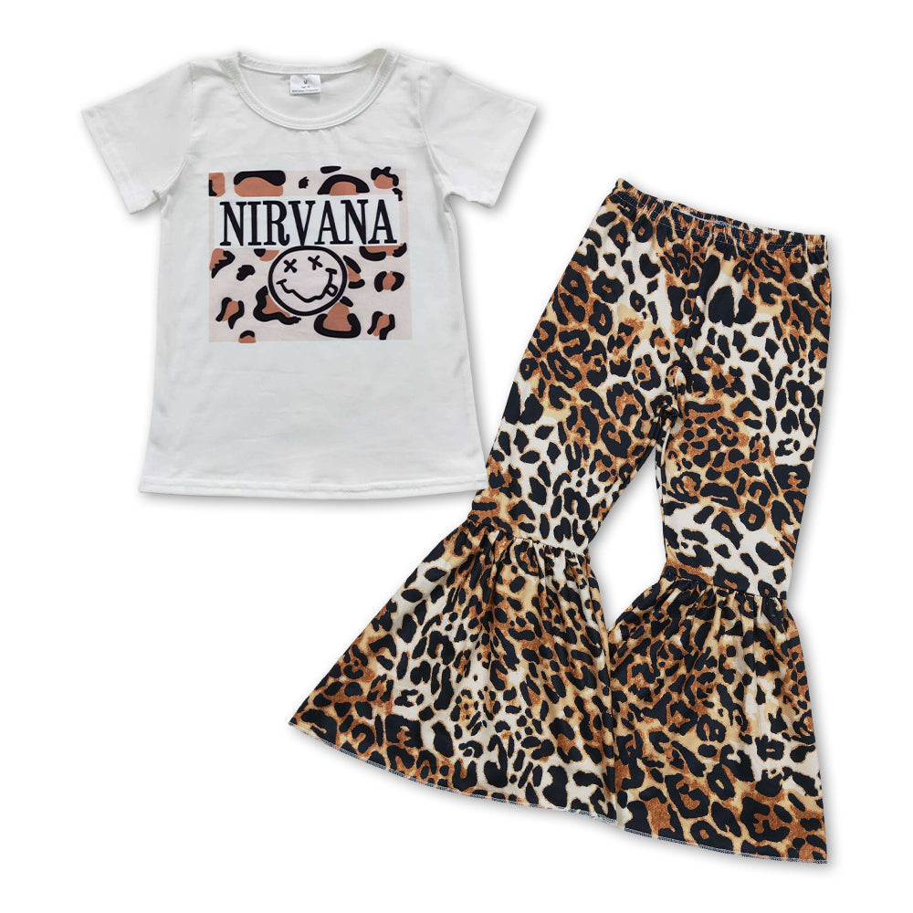 Girls Nirvana Outfits Short Sleeves Bell Bottom Leopard Pants