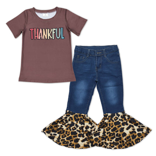 Girls Thankful Outfits Short Sleeves Blue Jeans