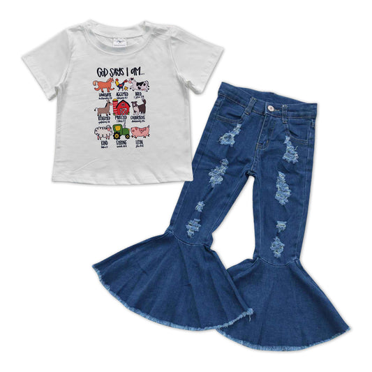 Girls Farm Outfits Short Sleeves Blue Jeans