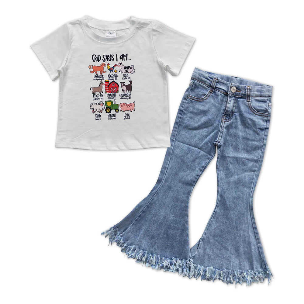 Girls Farm Outfits Short Sleeves Blue Jeans