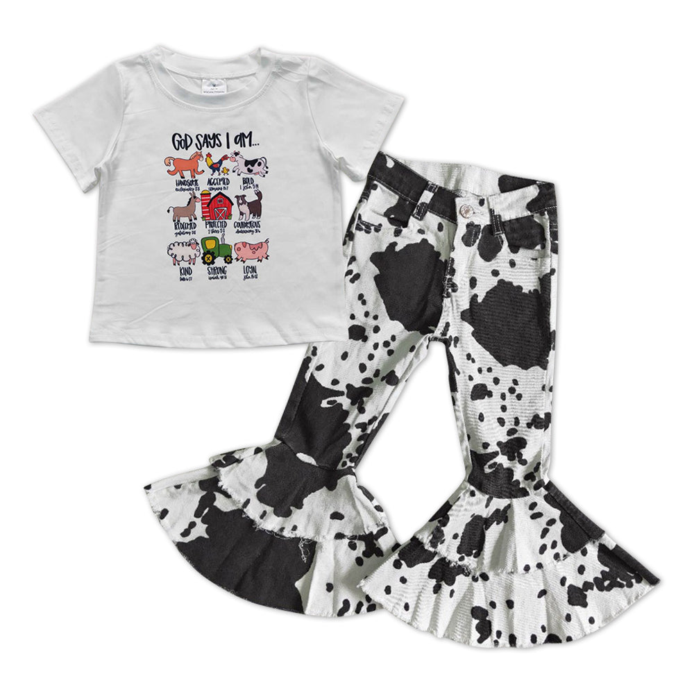 Girls Farm Outfits Short Sleeves Cow Jeans