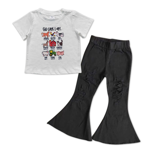 Girls Farm Outfits Short Sleeves Black Jeans