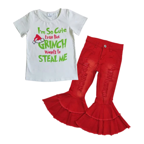Girls Christmas Outfits Short Sleeves Red Jeans